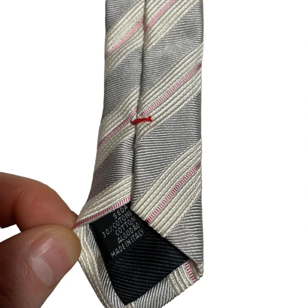 Moschino Mens Neck Tie Pink‎ White Gray Stripes - Picture 3 of 5
